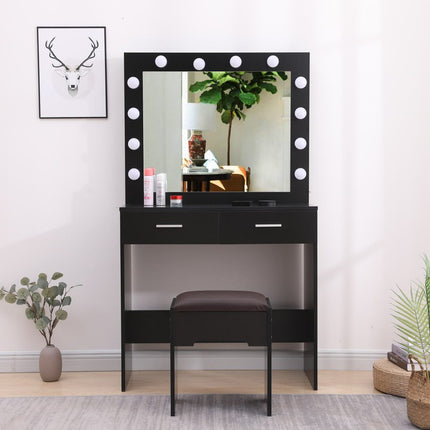Fidel Vanity Set with Cushioned Stool and Lighted Mirror- Black.
