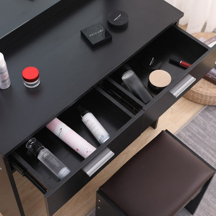 Fidel Vanity Set with Cushioned Stool and Lighted Mirror- Black.