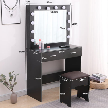 Fidel Vanity Set with Cushioned Stool and Lighted Mirror- Black.