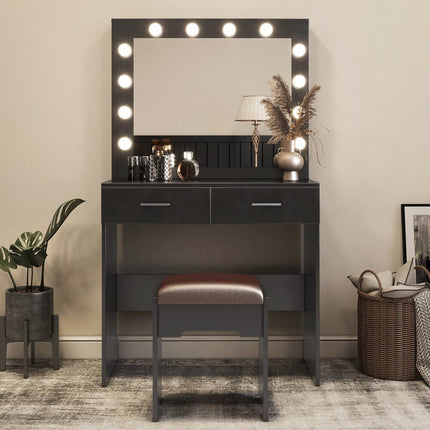 Fidel Vanity Set with Cushioned Stool and Lighted Mirror- Black.