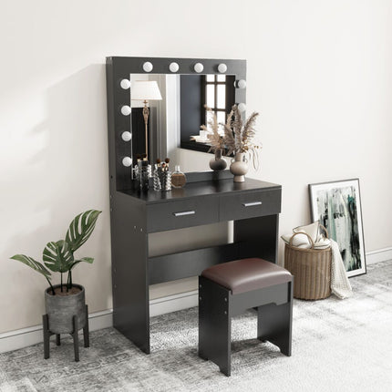 Fidel Vanity Set with Cushioned Stool and Lighted Mirror- Black.