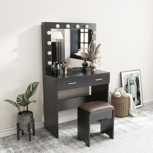 Fidel Vanity Set with Cushioned Stool and Lighted Mirror- Black.