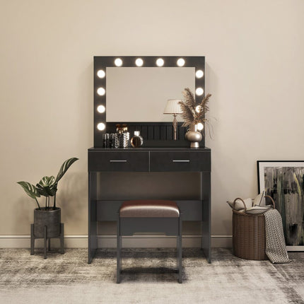 Fidel Vanity Set with Cushioned Stool and Lighted Mirror- Black.