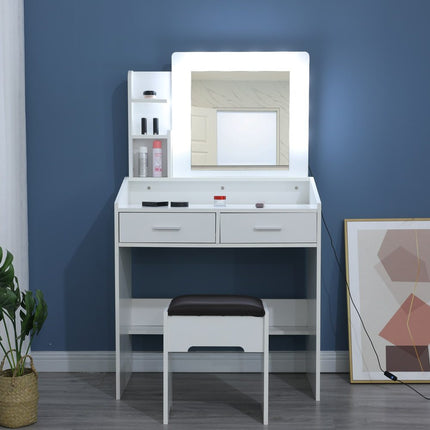 Diana Vanity Set with Shelves Cushioned Stool and Lighted Mirror- White.