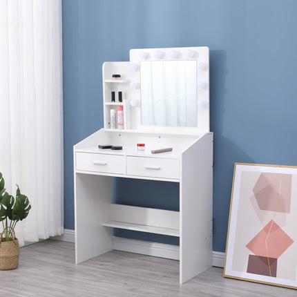 Diana Vanity Set with Shelves Cushioned Stool and Lighted Mirror- White.