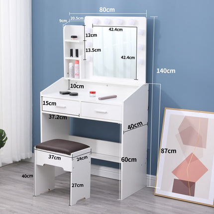 Diana Vanity Set with Shelves Cushioned Stool and Lighted Mirror- White.