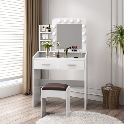 Diana Vanity Set with Shelves Cushioned Stool and Lighted Mirror- White.