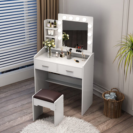 Diana Vanity Set with Shelves Cushioned Stool and Lighted Mirror- White.