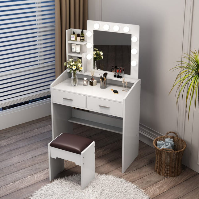 Diana Vanity Set with Shelves Cushioned Stool and Lighted Mirror- White.