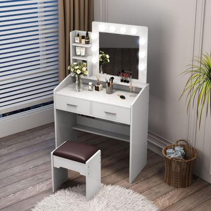 Diana Vanity Set with Shelves Cushioned Stool and Lighted Mirror- White.