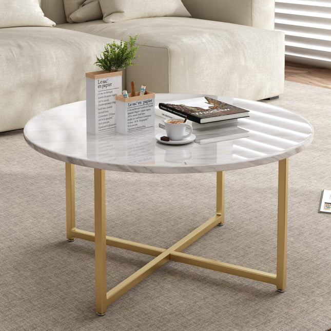 White Marble Effect Round Coffee Table with Gold Legs.