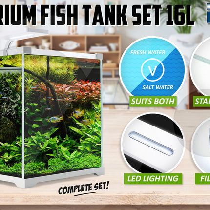 Aquarium Starfire Glass Fish Tank Set Filter Pump 16L.