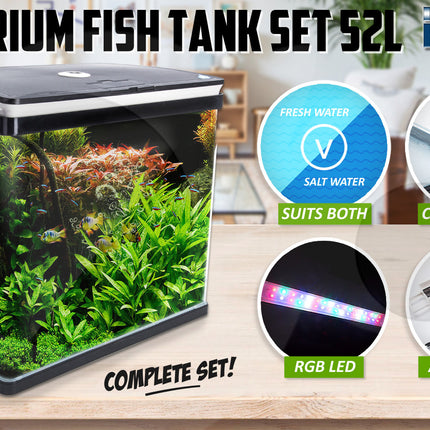 Aquarium Curved Glass RGB LED Fish Tank Set Filter Pump 52L.