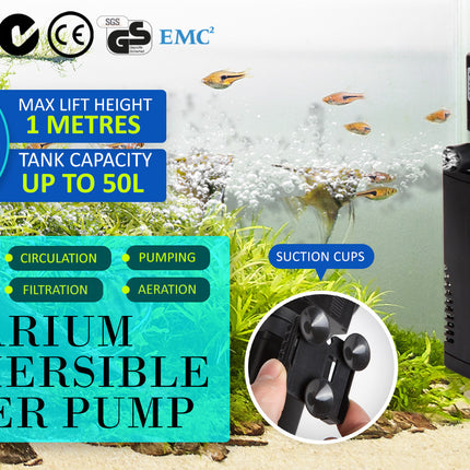 Aquarium Submersible Filter Pond Pump 600L/H 8W 1m.