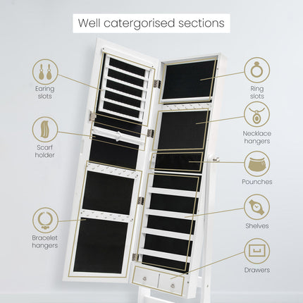 Mirror Jewellery Cabinet Organiser 2 Drawers LOWE 146cm WHITE.