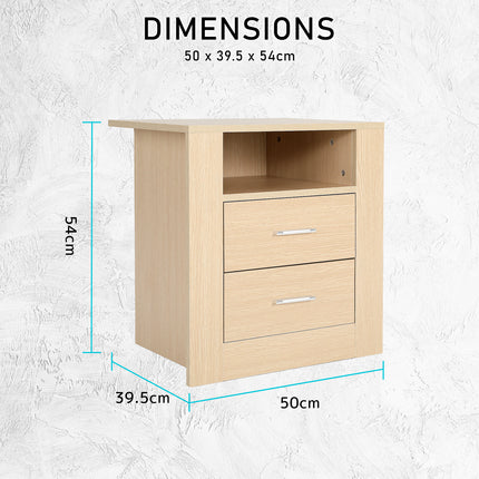 2X Bedside Table Side Storage Cabinet Nightstand Bedroom 2 Drawer 1 Shelf ZURI OAK.
