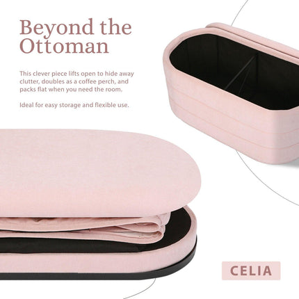 Coffee Table Storage Ottoman - Chenille Fabic Padded Blanket Box Bench CELIA - PINK.