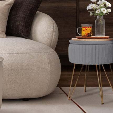 Side Table Storage Ottoman - Velvet Padded Stool Vanity Footstool REMY GREY.