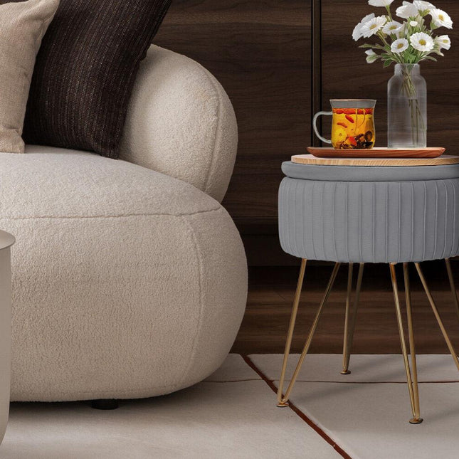 Side Table Storage Ottoman - Velvet Padded Stool Vanity Footstool REMY GREY.