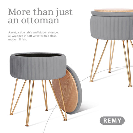 Side Table Storage Ottoman - Velvet Padded Stool Vanity Footstool REMY GREY.