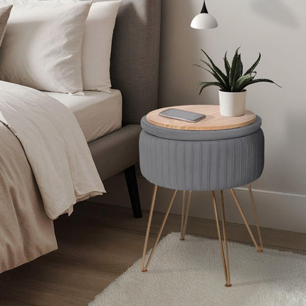 Side Table Storage Ottoman - Velvet Padded Stool Vanity Footstool REMY GREY.