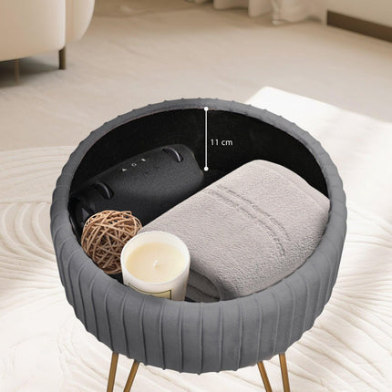 Side Table Storage Ottoman - Velvet Padded Stool Vanity Footstool REMY GREY.
