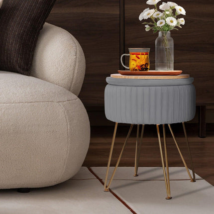 Side Table Storage Ottoman - Velvet Padded Stool Vanity Footstool REMY GREY.