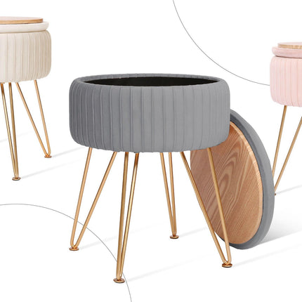 Side Table Storage Ottoman - Velvet Padded Stool Vanity Footstool REMY GREY.