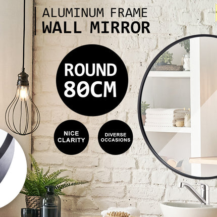 Wall Mirror Round Aluminum Frame Bathroom 80cm BLACK.