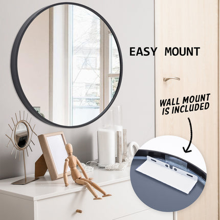 Wall Mirror Round Aluminum Frame Bathroom 80cm BLACK.