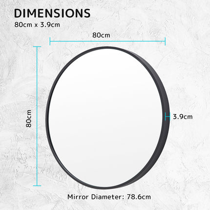 Wall Mirror Round Aluminum Frame Bathroom 80cm BLACK.