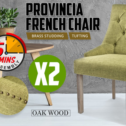 2X French Provincial Dining Chair Oak Leg AMOUR GREEN.
