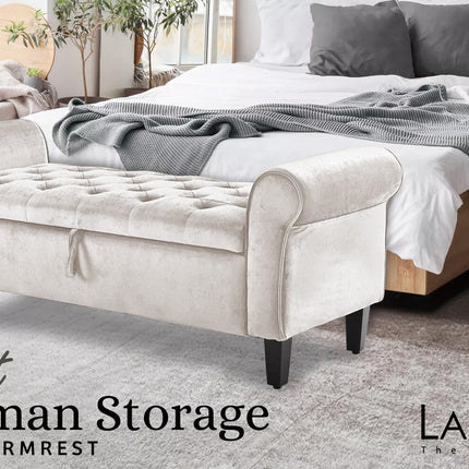 Storage Ottoman Stool Arm Bench Seat 132cm Velvet BEIGE.