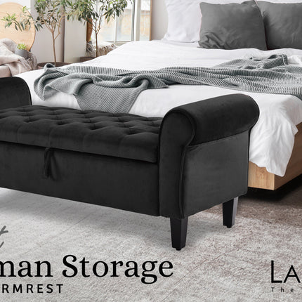 Storage Ottoman Stool Arm Bench Seat 132cm Velvet BLACK.
