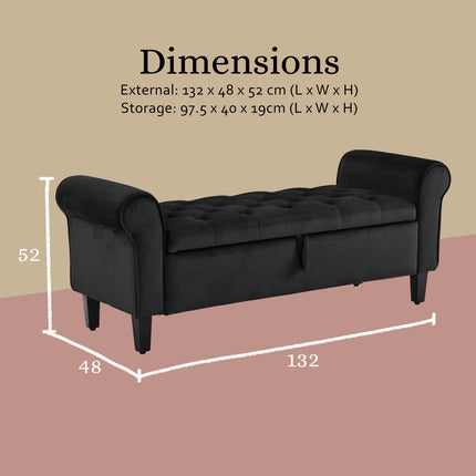 Storage Ottoman Stool Arm Bench Seat 132cm Velvet BLACK.