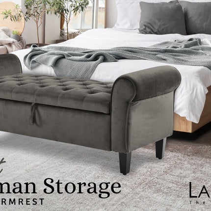 Storage Ottoman Stool Arm Bench Seat 132cm Velvet GREY.