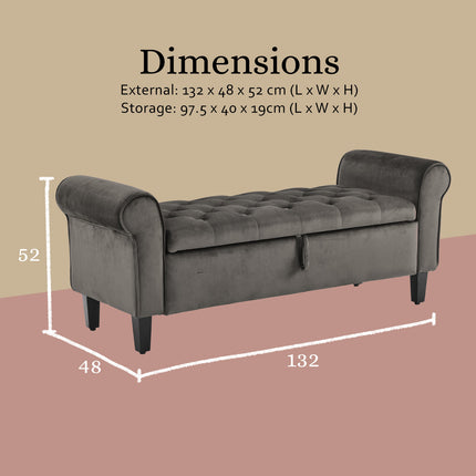 Storage Ottoman Stool Arm Bench Seat 132cm Velvet GREY.