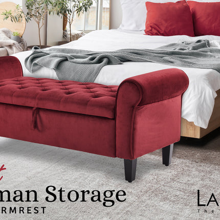 Storage Ottoman Stool Arm Bench Seat 132cm Velvet RED.