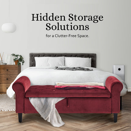 Storage Ottoman Stool Arm Bench Seat 132cm Velvet RED.