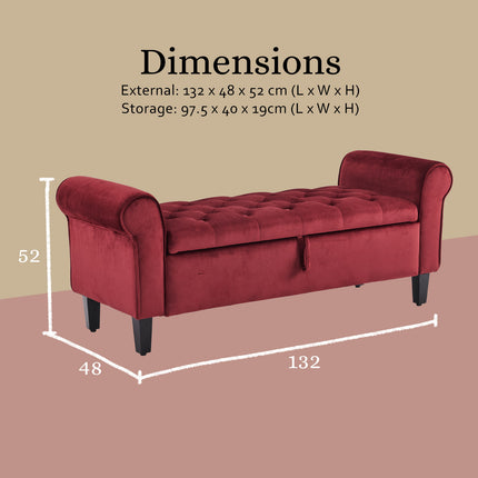 Storage Ottoman Stool Arm Bench Seat 132cm Velvet RED.