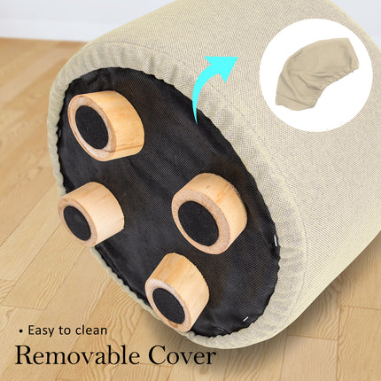 2X Fabric Ottoman Round Wooden Leg Foot Stool - BEIGE.