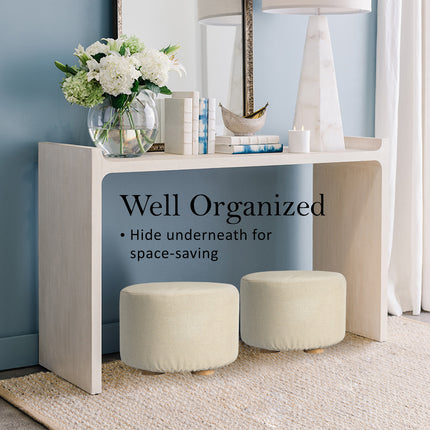 2X Fabric Ottoman Round Wooden Leg Foot Stool - BEIGE.