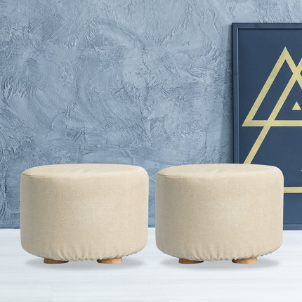 2X Fabric Ottoman Round Wooden Leg Foot Stool - BEIGE.