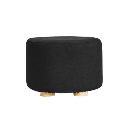 Fabric Ottoman Round Wooden Leg Foot Stool - BLACK.