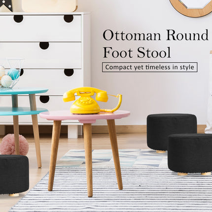 Fabric Ottoman Round Wooden Leg Foot Stool - BLACK.