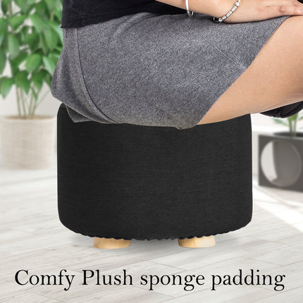 Fabric Ottoman Round Wooden Leg Foot Stool - BLACK.