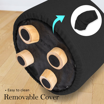 Fabric Ottoman Round Wooden Leg Foot Stool - BLACK.
