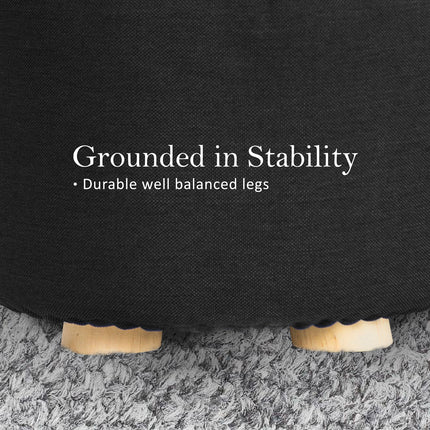 Fabric Ottoman Round Wooden Leg Foot Stool - BLACK.