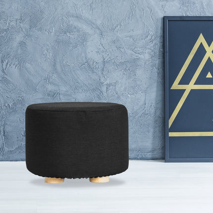 Fabric Ottoman Round Wooden Leg Foot Stool - BLACK.
