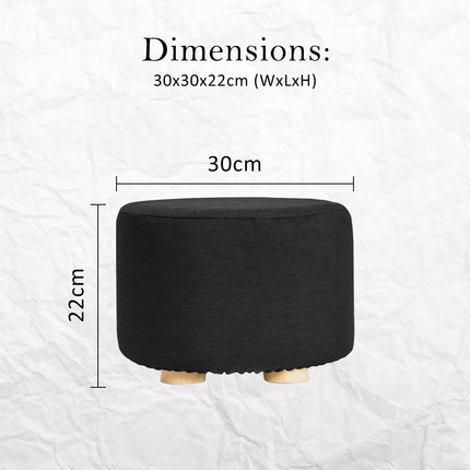 Fabric Ottoman Round Wooden Leg Foot Stool - BLACK.
